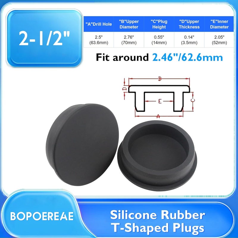 BOPOREAE 2 Pcs 63.6 mm Silicone Rubber Plug for 62.6-63.6 mm/2-7/16-2-1/2 in Round Holes, Waterproof T Type Rubber Stoppers, Soft Flexible Snap-On Seal Plugs Tube Pipe End Cover Caps Insert, Black - Image 2